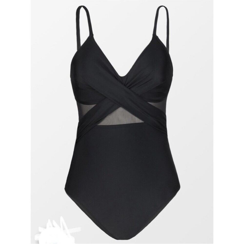 NWT Cupshe Black Mesh Criss Cross One Piece Swimsuit L - Picture 3 of 11